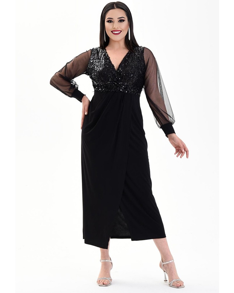 Rochie Lunga Maneci Transparente Neagra